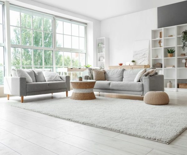 Interior Of Light Living Room With Sofas Rattan Table